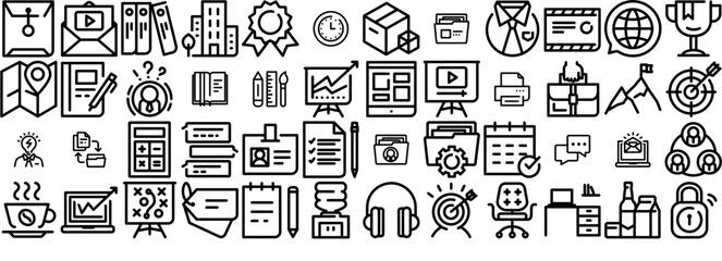 Set Of Office Icons Silhouette Vector Logo Design Containing Documents,Folder,Pencil,Aim,Office Vector Illustration Linear Pictogram Pack