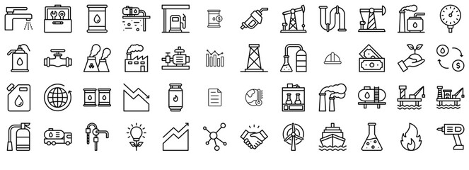 Mega Set Of Vector Oil Industry Icons Web Header Banner Design Containing Extraction,Petroleum,Drilling,Oil,Energy Stroke Icon Collection. Vector Illustration