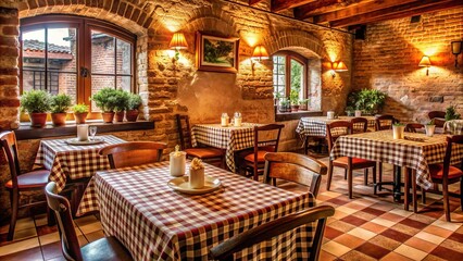 Fototapeta premium Tranquil Italian Trattoria with Brick Walls and Checkered Tablecloths, Cozy and Inviting, Brown and White