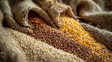 An overhead shot of a mix of organic grains like millet, amaranth, and buckwheat displayed on a rustic cloth, with bright, even lighting emphasizing the contrast and details of each grain.