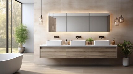 A bathroom with a large mirror and two sinks