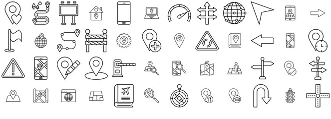 Set Of Linear Navigation And Map Vector Symbols Apps, Websites Ui Designs Suitable For Direction,Gps,Place,Pin,Navigation Solid Icon Collection. Vector Illustration
