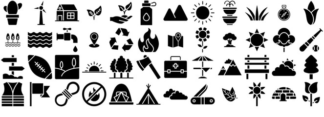 Set Of Nature Outdoor Glyph Icons Web Header Banner Design Containing Tree,Plants,Garden,Flower,Outdoor Stroke Icon Collection. Vector Illustration
