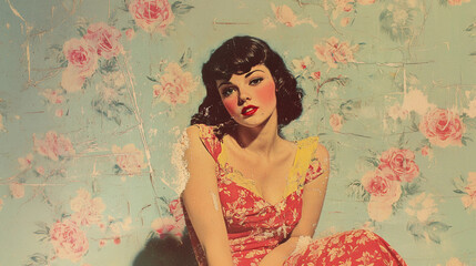 Vintage pin up girl red and yellow sun dress on pastel floral wallpaper background