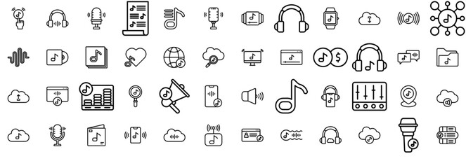 Set Of Music Streaming Icons Silhouette Vector Logo Design Containing Streaming,Music-Note,Sound,Audio,Music Outline Icons Collection. Simple Vector Illustration