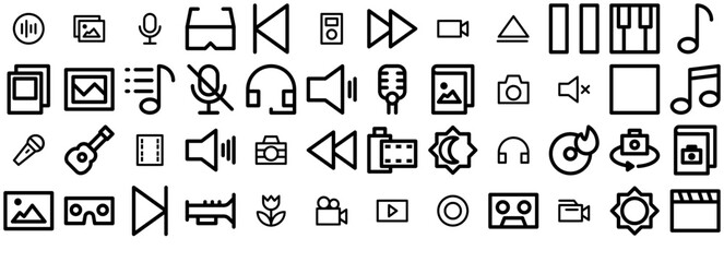 Set Of Linear Multimedia Ver 3 Outline Icons Collection Isolated Silhouette Solid Icons Including Audio,Camera,Music,Photo,Video Stroke Icon Collection. Vector Illustration