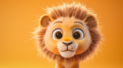 Fototapeta premium Cute Cartoon Lion Cub: A charming and adorable cartoon lion cub with fluffy mane, big eyes, and a sweet smile, sitting on a golden background, perfect for children's books, animated films, and social 