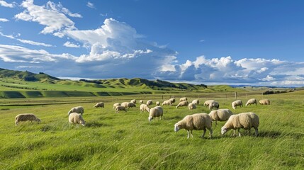 Obraz premium A picturesque scene of sheep grazing on lush green grass under a bright blue sky with dramatic clouds and rolling hills in the background.