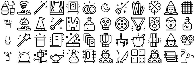 Set Of Linear Magic Icons Silhouette Vector Logo Design Containing Spell,Halloween,Magician,Wizard,Magic Set Vector Flat Line Icons