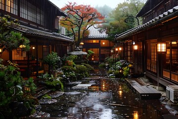 Obraz premium Japanese Folklore, Hot Springs, and Resort. A Serene and Culturally Rich Experience of Traditional Japanese Onsen Culture. Capturing the Essence of Relaxation, Tradition, and Natural Beauty in a Japan
