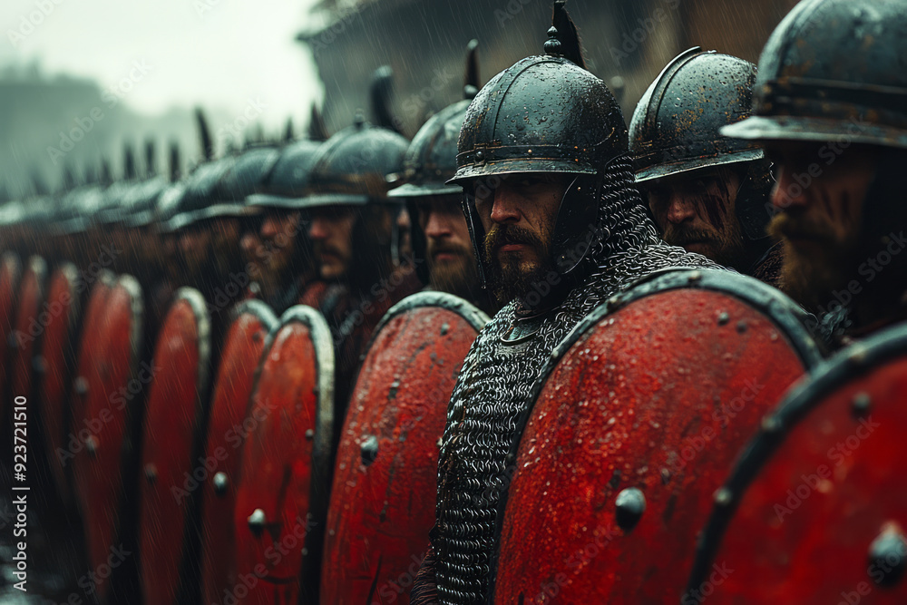 Poster the glint of wet armor and the unwavering stance of the phalanx as they prepare for an incoming enem
