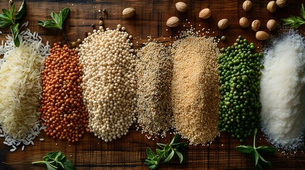 Obraz premium An overhead shot of different grains arranged with fresh herbs and spices on a wooden surface, with bright, even lighting emphasizing the contrast and details of each ingredient. Photorealistic,
