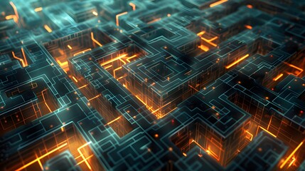 A complex digital labyrinth where the walls and pathways are formed by skewed and unrepresentative training data, creating a disorienting journey through an unfair AI system