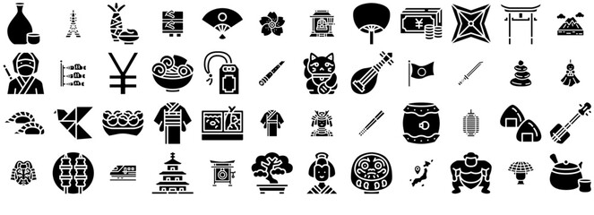 Set Of Japan Solid Icons Silhouette Vector Logo Design Containing Instrument,Traditional,Japanese,Japan,Food Infographic Simple Vector Illustration Logo