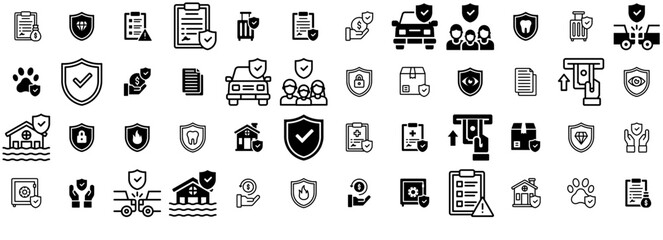 Set Of Insurance Icons Web Header Banner Design Containing Protection,Security,Insurance,Finance,Shield Stroke Icon Collection. Vector Illustration