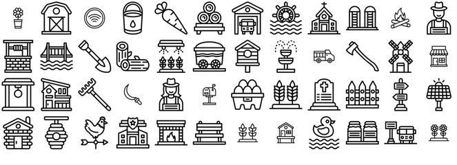 A Collection Of In The Village Vector Symbols Apps, Websites Ui Designs Suitable For Farming-And-Gardening,Gardening,Nature,Construction-And-Tools,Village Set Vector Flat Line Icons