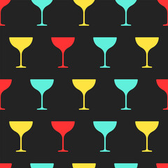 Alcohol margarita cocktails vector seamless pattern. Multicolor glasses on black background.