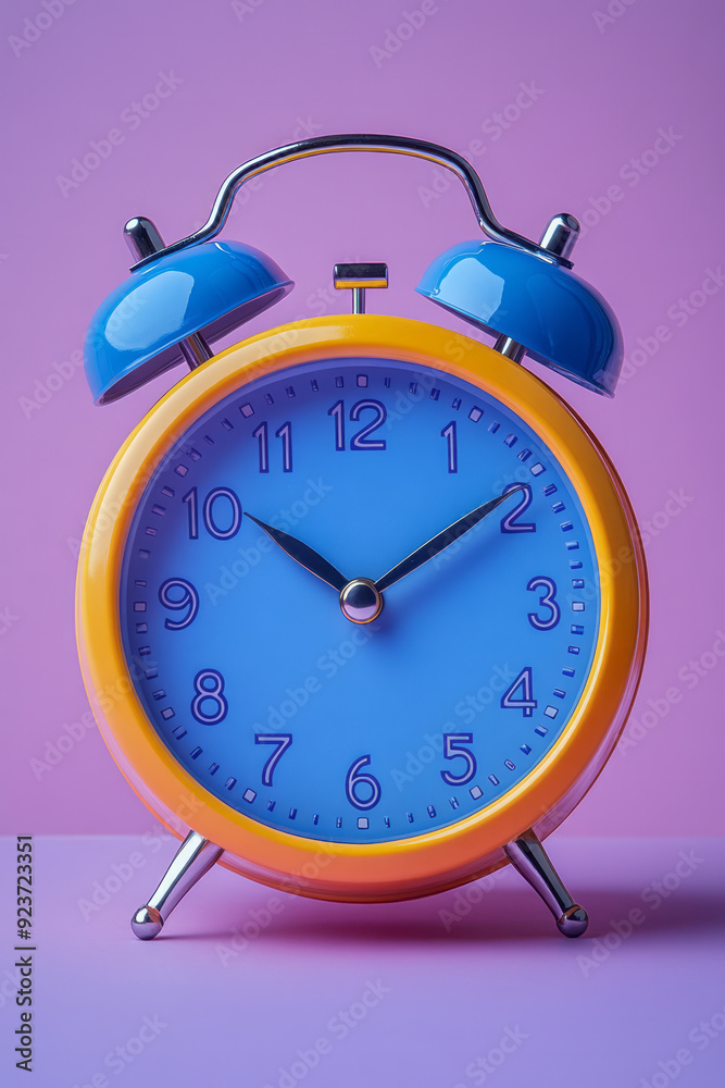 Poster a simple desk clock isolated on a pastel lilac background, ticking away the minutes until the next c