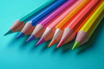 A set of colored pencils fanned out in a rainbow pattern on a pastel mint green background,