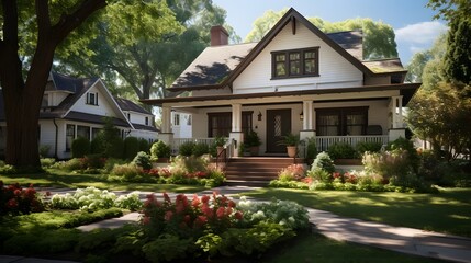 Naklejka premium White House with Green Lawn and Flowers