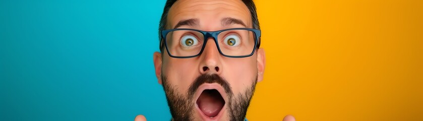 Close-up portrait of a surprised man with glasses, mouth open in shock.