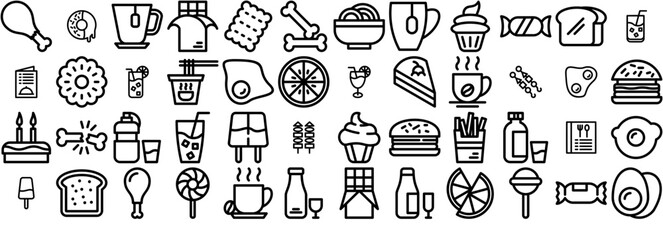 Set Of Linear Food And Drink Isolated Silhouette Solid Icons With Sweet,Bakery,Dessert,Drink,Food Pictograms And Infographics Design Elements Vector Illustration