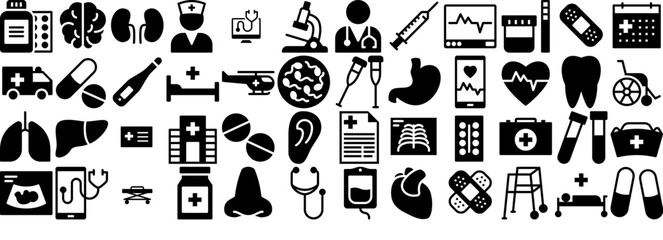 Mega Set Of Vector Flatie Health Medical Vector Symbols Apps, Websites Ui Designs Suitable For Pill,Health,Hospital,Medical,Healthcare Stroke Icon Collection. Vector Illustration