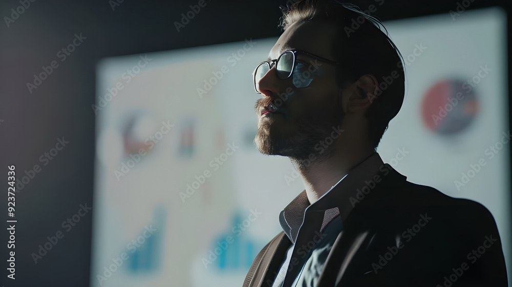 Poster Close-up of a focused businessman wearing glasses, analyzing data charts projected on a screen during a presentation.