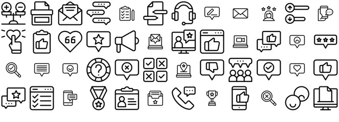 A Collection Of Feedback And Testimonials Isolated Silhouette Solid Icons With Review,Conversation,Rating,Feedback,Like Set Vector Flat Line Icons