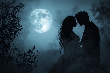 A romantic silhouette of a couple under a glowing full moon surrounded by misty trees, evoking dreamy love and intimacy.
