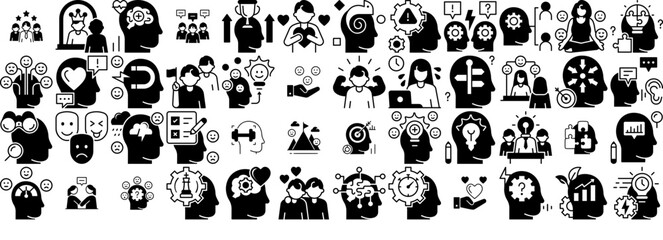 Obraz premium Set Of Linear Emotional Intelligence 1 Raw Icons Silhouette Vector Logo Design Containing Human-Head,Emotions,Feelings,Mind,People Vector Icons Illustration Collection