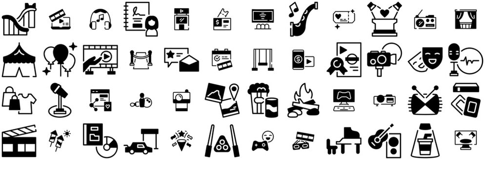 Set Of Entertainment Gylph Vector Symbols Apps, Websites Ui Designs Suitable For Performance,Media,Show,Cinema,Entertainment Solid Icon Collection. Vector Illustration