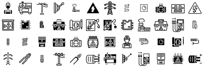 Mega Set Of Vector Electrician Icons Collection Isolated Silhouette Solid Icons Including Electric,Power,Cable,Electricity,Electronic Outline Icons Collection. Simple Vector Illustration