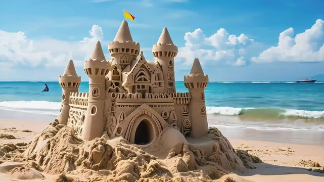 Intricate sandcastle with a flag on a beach.