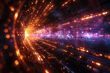 Obraz premium Abstract Digital Tunnel of Blurry Lights and Glowing Particles