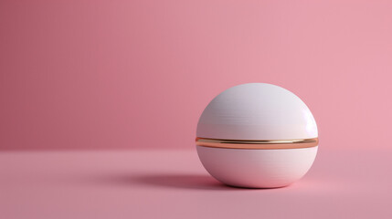 Fototapeta premium Minimalist Elegance: A white sphere adorned with a gold band graces a soft pink backdrop, embodying minimalist beauty and sophistication. 