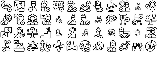 Set Of Linear Diversity Inclusion Isolated Silhouette Solid Icons With Check-Mark,Avatar,User,Man,Inclusive Outline Icons Collection. Simple Vector Illustration