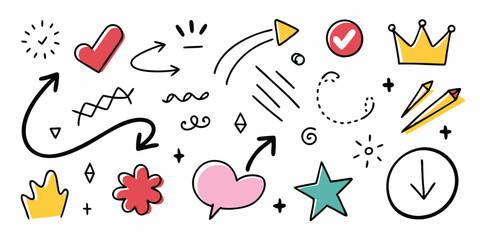 Doodle sketch element set, vector hand drawn graphic line shapes, arrow, hearts, underline. Simple squiggle kit, crown, stars, vignetting speech bubble, grunge scribble. Ink doodle element, check mark