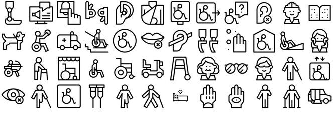 Set Of Disability Icons Silhouette Vector Logo Design Containing Accessibility,Disabled,Mobility-Aid,Disability,Wheelchair Vector Icon Set Linear Pictogram Pack