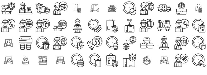 Set Of Linear Delivery Icon Icons Collection Isolated Silhouette Solid Icons Including Time,Product,Delivery-Man,Delivery,Delivery-Time Vector Illustration Linear Pictogram Pack