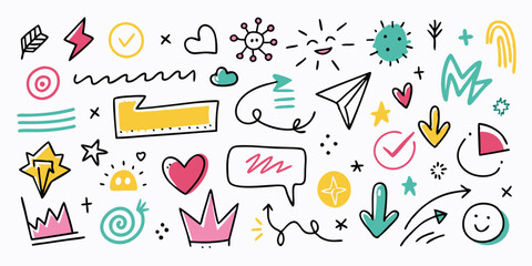 Doodle sketch element set, vector hand drawn graphic line shapes, arrow, hearts, underline. Simple squiggle kit, crown, stars, vignetting speech bubble, grunge scribble. Ink doodle element, check mark