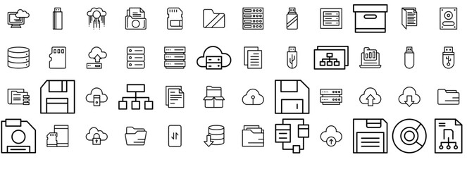Set Of Linear Data Storage Icons Silhouette Vector Logo Design Containing Storage,File,Database,Folder,Data Outline Icons Collection. Simple Vector Illustration