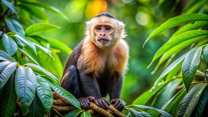 Vibrant capuchin monkey sits on a tree branch, surrounded by lush green foliage, showcasing its agility and natural habitat in the tropical rainforest ecosystem.