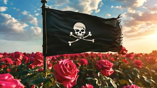 Pirate flag waving in a field of roses against a blue sky.