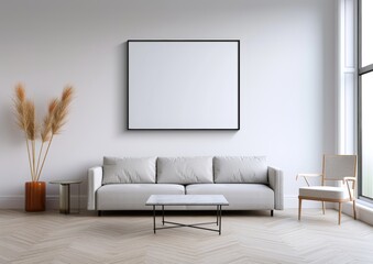 black square frame hanging on the wall of an elegant living room. The interior is white and beige