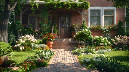 A charming brick house with a lush front yard