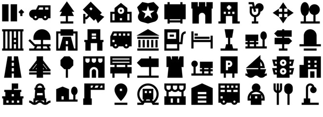 Set Of City Glyph 24 Px Icons Web Header Banner Design Containing Car,House,City,Building,Travel Stroke Icon Collection. Vector Illustration