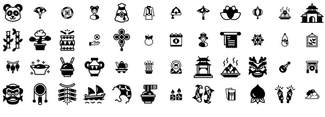 Naklejka premium Set Of Linear Chinese Solid Icons Web Header Banner Design Containing Festival,Chinese,Event,Happy,Food Outline Icons Collection. Simple Vector Illustration