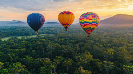 Three vividly colored hot air balloons float above a dense forest as the sun rises, painting the sky and their surroundings in soft, warm hues.