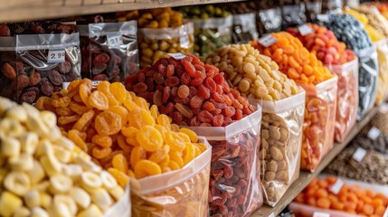 A colorful assortment of dried fruits fills clear bags on wooden shelves, tempting shoppers with their vibrant hues and enticing aromas